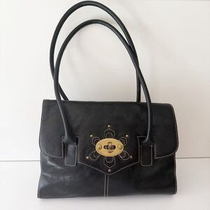 Cynthia Rowley Black Genuine Leather Shoulder Bag Floral Turn Lock Satchel